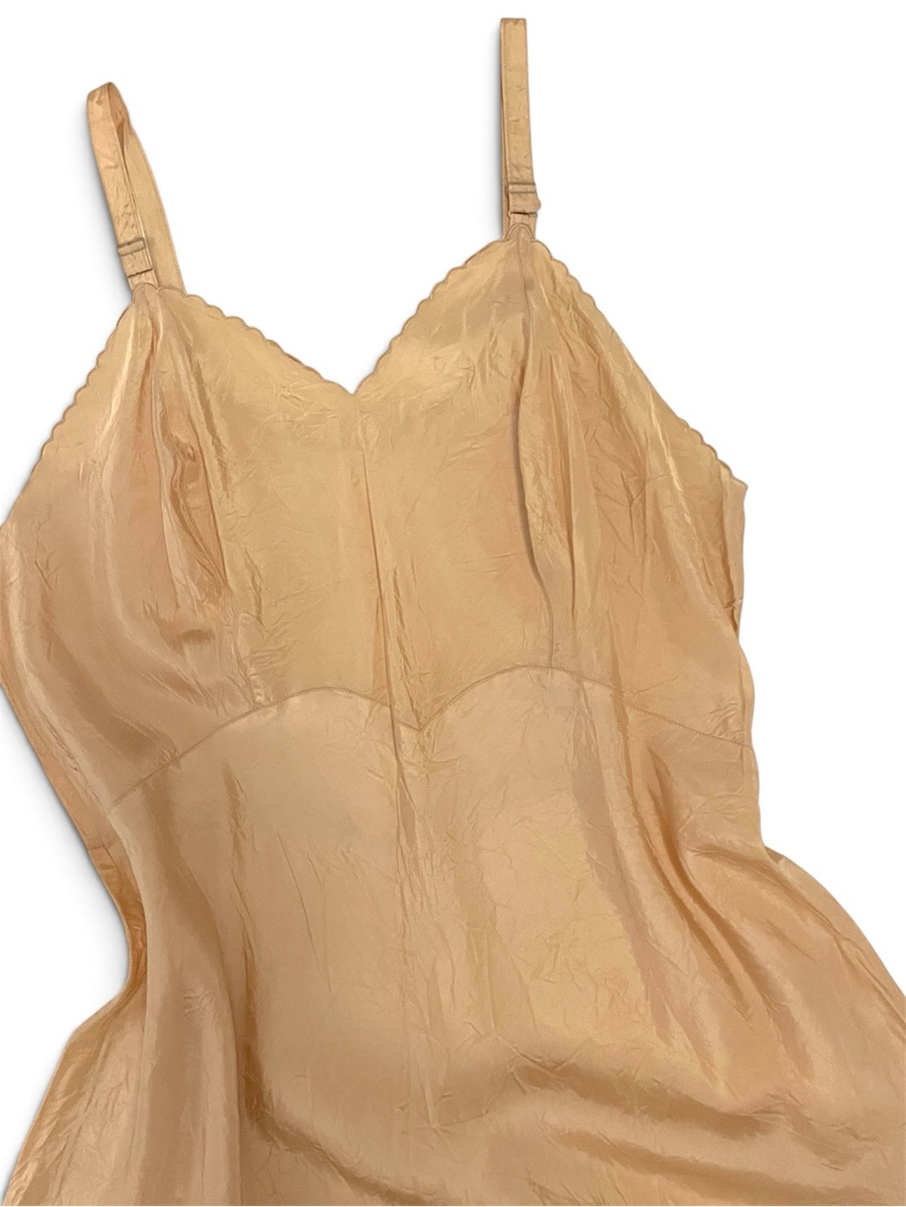 VTG 50s Seamprufe Crinkly Taffeta Beige Slip Dress, Scallop Detail, Size 42